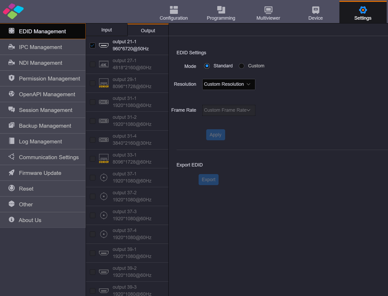 Video Output Card EDID Settings