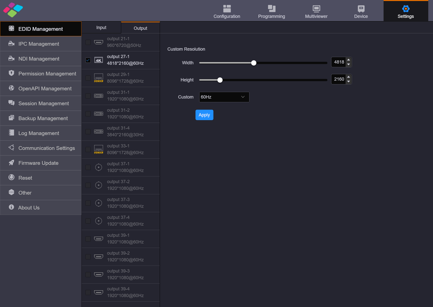 Output resolution settings